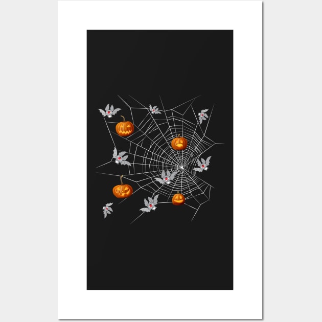 Pumpkins and bats in a spider net Wall Art by CatCoconut-Art